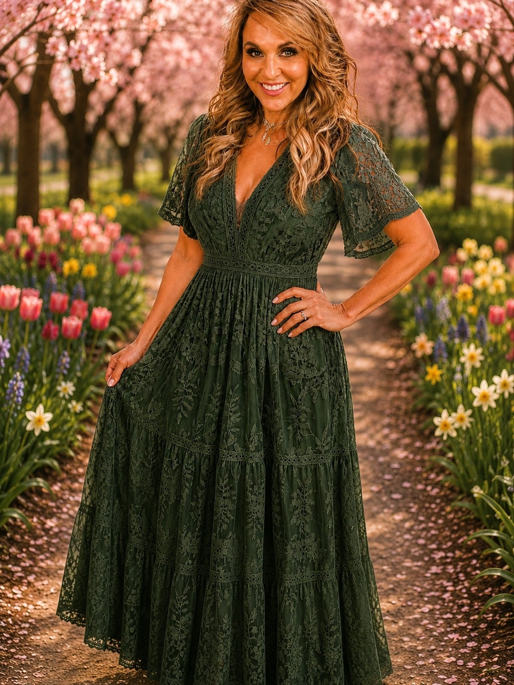 Embroidered Deep Green V-Neck Maxi Romper Dress - Picture 2 of 6